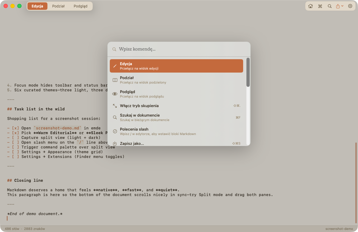 emde command palette over split view