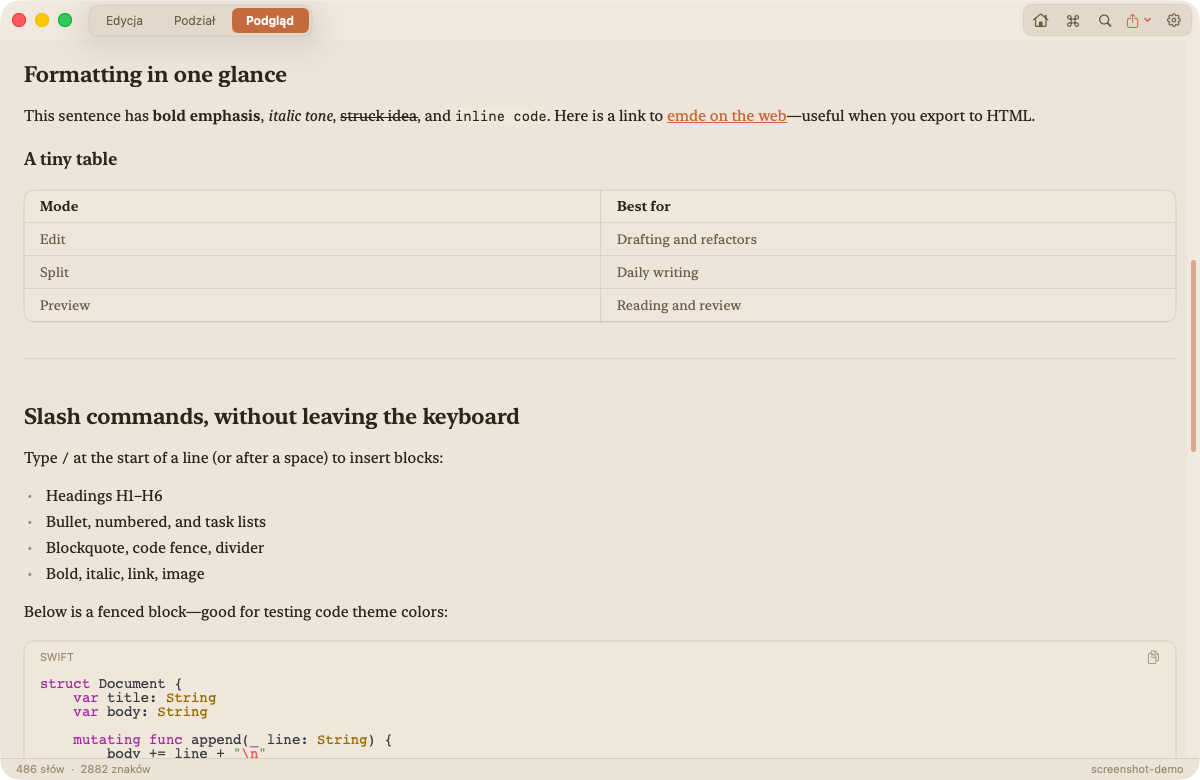 emde preview mode: beautifully typeset document