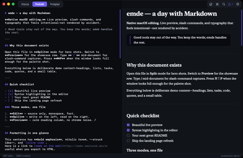 emde in split mode: editor and live preview, dark theme