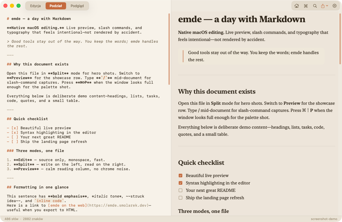 emde in split mode: editor and live preview