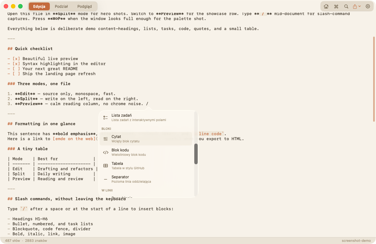 emde slash command menu in the editor